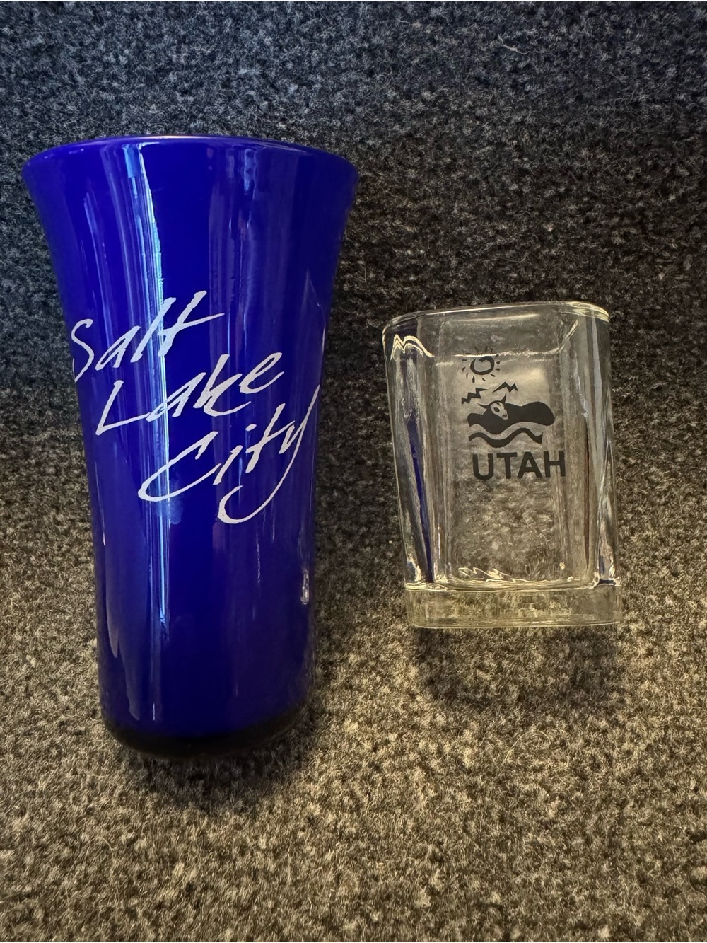 Utah & Salt Lake City Shot Glasses Set of 2 - Cobalt Blue & Square Clear